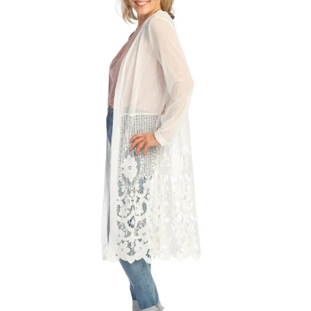 Ember White Lace Kimono Cardigan Open Front Long line Sheer Women's Size Large